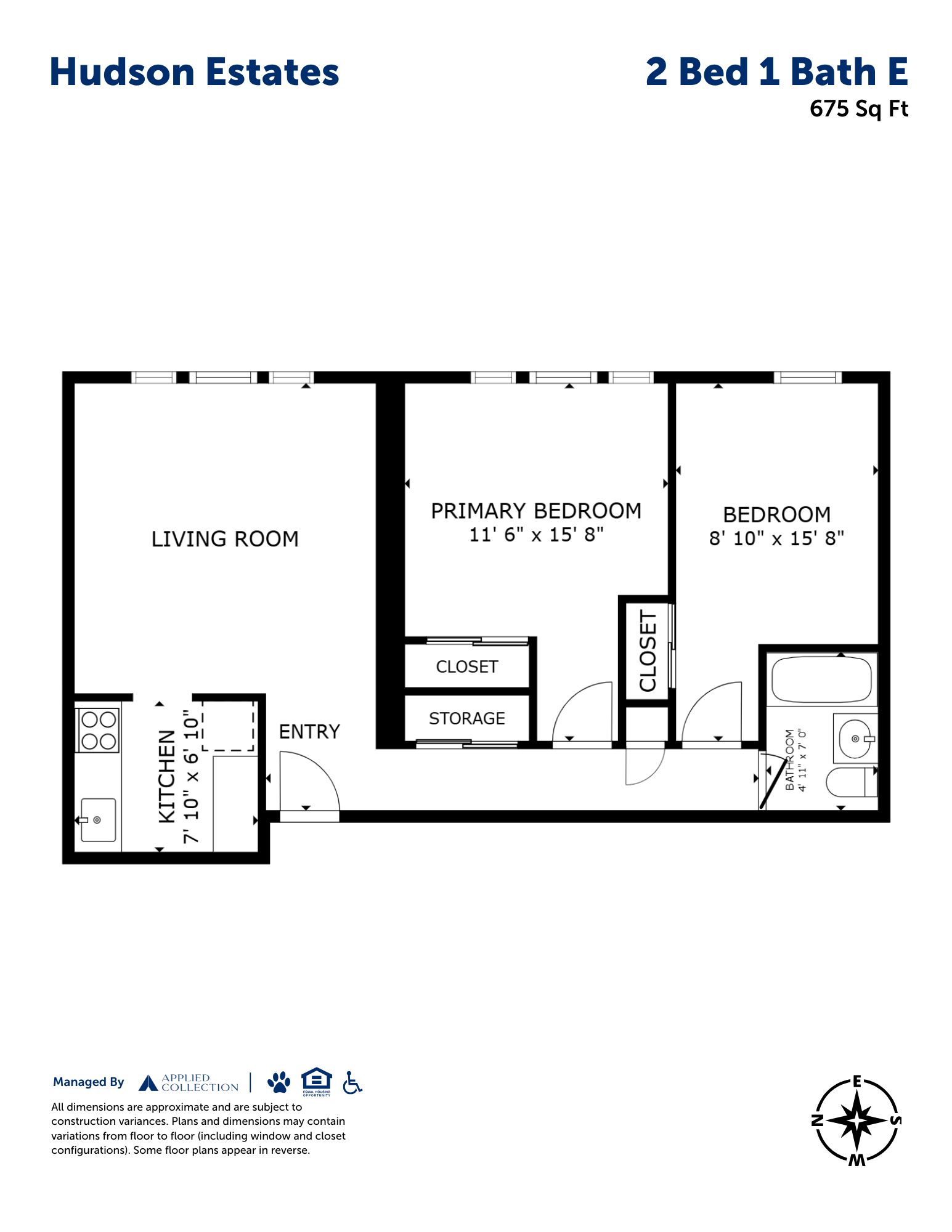 Floor plan for 2 beds, 1 bath, 675 sqft